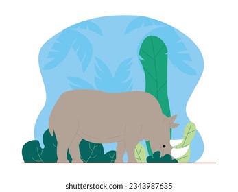 Rhinoceros eating wild bush, has two horns big and small, jungle vector illustration.