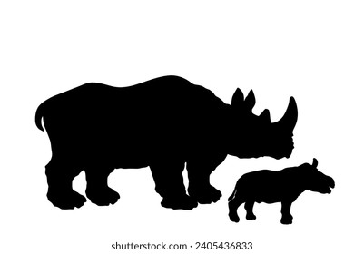 Rhinoceros family vector silhouette illustration isolated on white background. Rhino and cub shape. Mother and baby animal from Africa shadow.