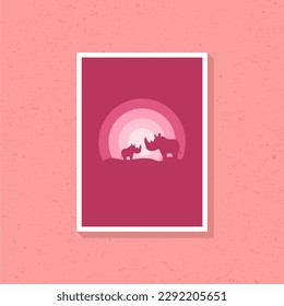 Rhinoceros father and son silhouette artwork in pink color for wall decoration. 