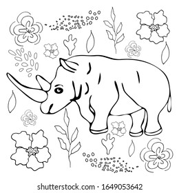 Rhinoceros flat hand drawn illustration. Cute cartoon animal character on botanical background. Wild animal vector poster 