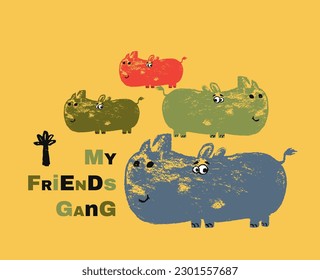 Rhinoceros friends gang cool summer t-shirt print. African animal with slogan. Rhino beach funny child wear illustration. Vacation. Nursery t-shirt, kids apparel, invitation child design
