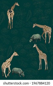 Rhinoceros, giraffe, wild animals and plants floral seamless pattern. Vector image