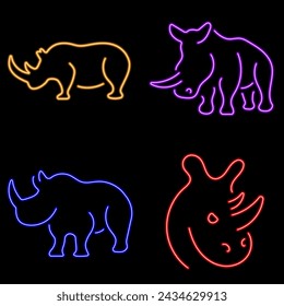 rhinoceros group of neon icons, vector illustration on black background.