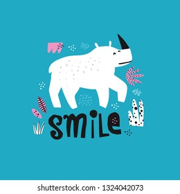 Rhinoceros hand drawn illustration. Cute rhino cartoon character. Smile lettering. Jungle, rainforest, savanna animal clipart. Zoo, safari african mammal. Travel postcard, kids greeting card element