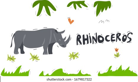 Rhinoceros hand drawn vector illustration. African animal cartoon character with lettering, plant leaves. Jungle, rainforest, savanna mammal. Zoo, safari fauna. Travel postcard, kid book clipart