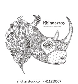 Rhinoceros. Hand-drawn Rhino with ethnic floral doodle pattern. Coloring book page - zendala, design for meditation for adults, vector illustration, isolated on a white background. Zen doodles.