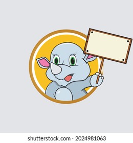 Rhinoceros Head Circle Label Bring Blank White Sign Wood , Yellow Colors Background, Mascot, Icon, Character or Logo, Vector and Illustration.