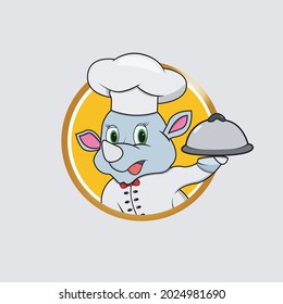 Rhinoceros Head Circle Label Bring Food and Chef Custom , Yellow Colors Background, Mascot, Icon, Character or Logo, Vector and Illustration.
