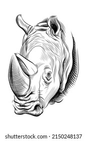 Rhinoceros head hand drawn sketch. Rhino portrait black engraving isolated on white background. Vector illustration