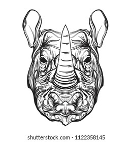 Rhinoceros head. Outline vector illustration isolated on white background for tattoos, posters, printing on T-shirts and other items.