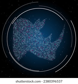 The rhinoceros head symbol filled with white dots. Pointillism style. Some dots is pink. Vector illustration on blue background with stars