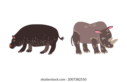 Rhinoceros and Hippo as African Animal Vector Set