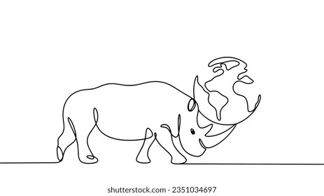 The rhinoceros holds the planet Earth on its head. World Rhino Day. One line drawing for different uses. Vector illustration.