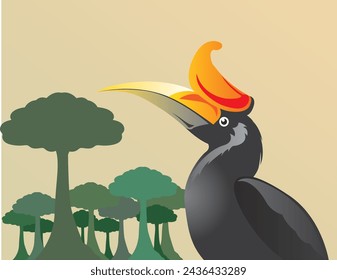 Rhinoceros hornbill and Amazon forest cartoon vector draw background