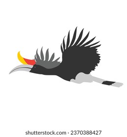 Rhinoceros hornbill bird flying , flat vector.