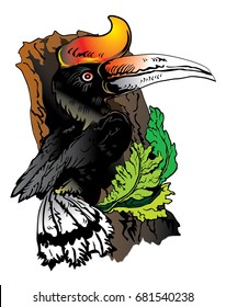 Rhinoceros Hornbill at the entrance to the nest.
