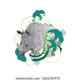 rhinoceros illustration design for sukajan is mean japan traditional cloth or t-shirt with digital hand drawn Embroidery Men T-shirts Summer Casual Short Sleeve Hip Hop T Shirt Streetwear