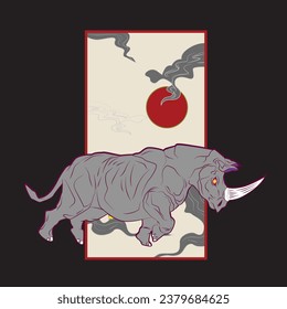 rhinoceros illustration design for sukajan is mean japan traditional cloth or t-shirt with digital hand drawn Embroidery Men T-shirts Summer Casual Short Sleeve Hip Hop T Shirt Streetwear