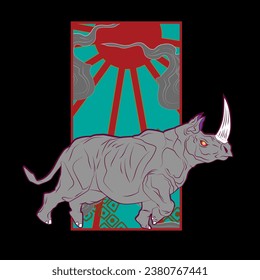 rhinoceros illustration design for sukajan is mean japan traditional cloth or t-shirt with digital hand drawn Embroidery Men T-shirts Summer Casual Short Sleeve Hip Hop T Shirt Streetwear