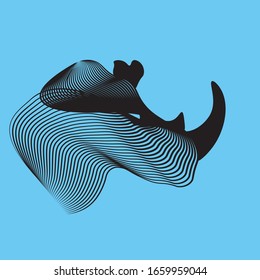 Rhinoceros illustration with linocut line blending technique. Rhino head vector with blue background.