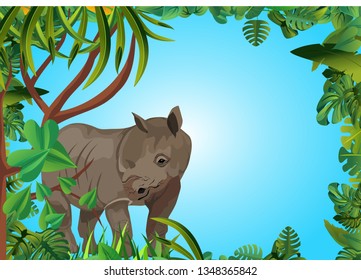 Rhinoceros in the jungle, floral frame vector