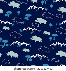 Rhinoceros Landscape Nature Habitat Vector Graphic Seamless Pattern can be use for background and apparel design