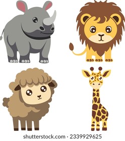 Rhinoceros, Lion, Sheep, Giraffe, Cute Animal Bundle Vector illustration Collection