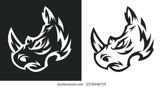 Rhinoceros logo, label or badge in modern art style. Abstract silhouette mascot character for branding sport or business. Design monochrome template angry animal head. Set vector print illustration.