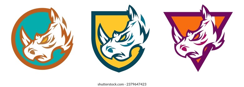 Rhinoceros logo, label or badge in modern art style. Abstract silhouette mascot character for branding sport or business. Design color template angry animal head. Set vector print illustration.
