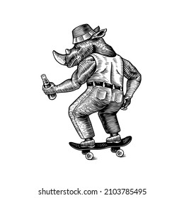 A rhinoceros man in a T-shirt and jeans, a skateboarder rides a board and holds a soda.. Fashion animal character. Hand drawn woodcut outline sketch. Vector engraved illustration for logo and tattoo.