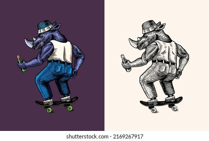 A rhinoceros man in a T-shirt and jeans, a skateboarder rides a board and holds a soda.. Fashion animal character. Hand drawn woodcut outline sketch. Vector engraved illustration for logo and tattoo.