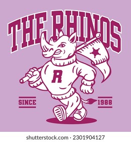 Rhinoceros Mascot Character Design in Sport Vintage Athletic Style Vector Design