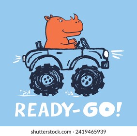 Rhinoceros monster, truck funny cool summer t-shirt print design. Racing car. Speed sport buggy big foot auto. Slogan. Drive safari animal illustration. Racer kids typography poster. Holiday pattern