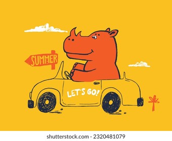 Rhinoceros on car funny cool summer t-shirt print design. Road trip on automobile. Slogan. Drive vacation safari animal illustration. Beach travel kids typography nursery poster, holiday pattern