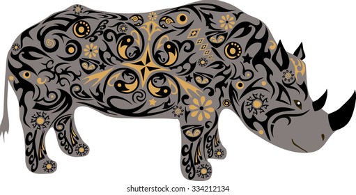 rhinoceros with a pattern, an animal with drawing, an illustration of an animal with a horn, a wild mammal, the animal feeding on a grass, the isolated rhinoceros, live fauna, an exotic animal, 