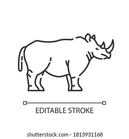 Rhinoceros pixel perfect linear icon. Exotic horned animal, african fauna. Zoology, safari thin line customizable illustration. Contour symbol. Rhino vector isolated outline drawing. Editable stroke