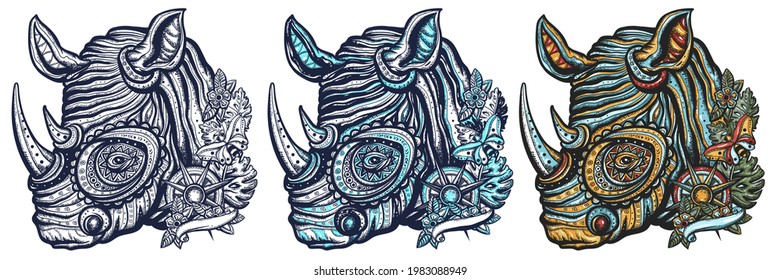 Rhinoceros portrait. African animal. Cute rhino. Old school tattoo vector style. Hand drawn cartoon character set. Isolated on white. Zoo art 