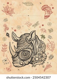 Rhinoceros portrait. African animal. Cute rhino. Old paper vector. Cover page template. Vertical background