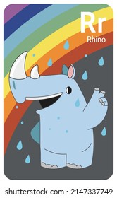 Rhinoceros R letter. A-Z Alphabet collection with cute cartoon animals in 2D. Rhinoceros standing and showing victory peace sign. Blue rhino smiling under rainbow, rain. Hand-drawn funny simple style.