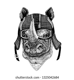 Rhinoceros, rhino Hipster animal wearing motorycle helmet. Image for kindergarten children clothing, kids. T-shirt, tattoo, emblem, badge, logo, patch