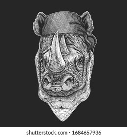 Rhinoceros, rhino portrait. Bandana. Biker, pirate. Head of wild animal.