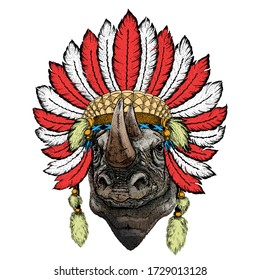 Rhinoceros, rhino portrait. Head of wild animal. Indian headdress with feathers. Boho style.
