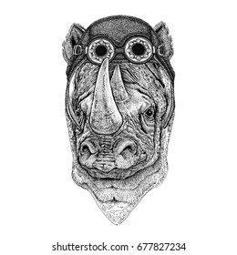 Rhinoceros, rhino wearing aviator hat Motorcycle hat with glasses for biker Illustration for motorcycle or aviator t-shirt with wild animal