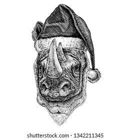 Rhinoceros, rhino wearing christmas Santa Claus hat. Hand drawn image for tattoo, emblem, badge, logo, patch