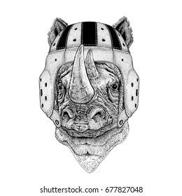 Rhinoceros, rhino Wild animal wearing rugby helmet Sport illustration