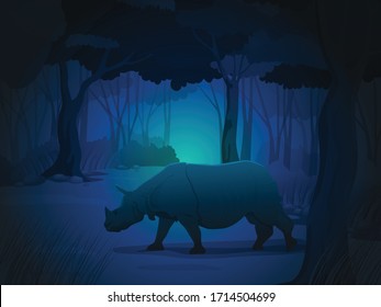 A rhinoceros roaming in a Wildlife Sanctuary, Night view