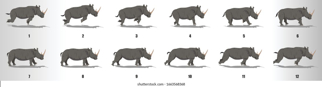 Rhinoceros run cycle animation frames, loop animation sequence sprite sheet 