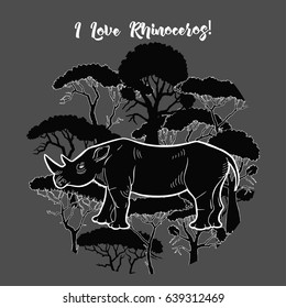  Rhinoceros and savanna trees print. Hand drawn sketches. Vector Illustration