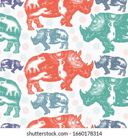 Rhinoceros. Seamless pattern. Packing old paper, scrapbooking style. Vintage background. Medieval manuscript, engraving art. Rhino double exposure. Symbol Africa, savannah, travel 