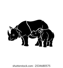 Rhinoceros silhouette of mother and child standing looking sideways with a touch of black and white is suitable for your business